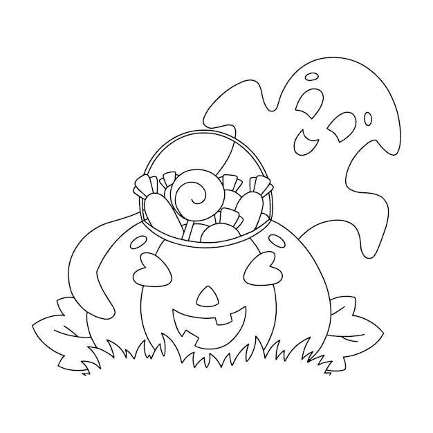 Fantasma y calabaza Página de libro para colorear para niños Tema de Halloween Personaje de estilo de dibujos animados Ilustración vectorial aislada sobre fondo blanco