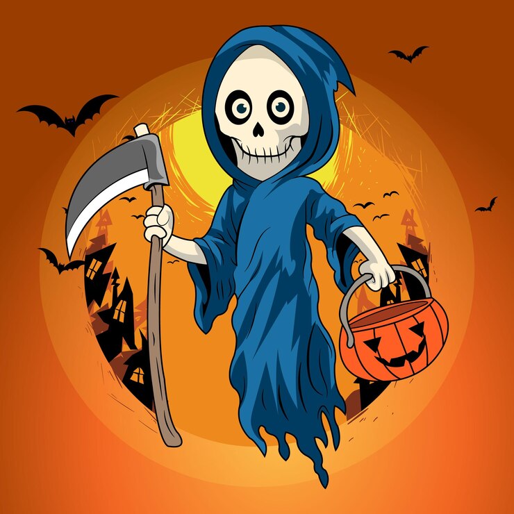 Un fantasma de dibujos animados con una guadaña y calabazas en un fondo de halloween