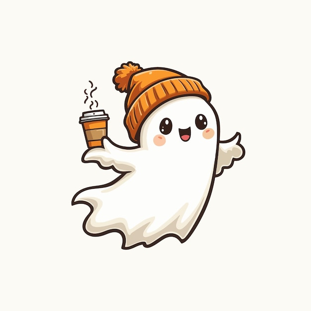 Fantasma espeluznante con gorro naranja y bebida caliente Artístico vectorial de Halloween