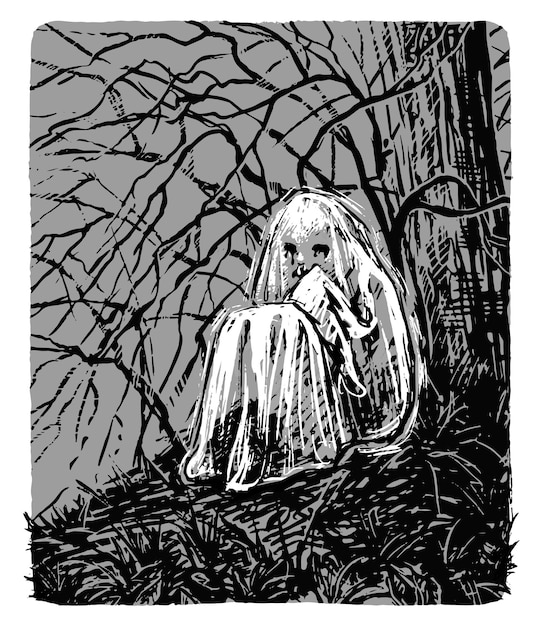 El fantasma está sentado debajo de un árbol y llorando Acogedor Halloween monocromo dibujado a mano ilustración vectorial Imagen abstracta aislada en blanco Impresión artística en estilo vintage