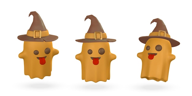 Fantasma de Halloween 3d de dibujos animados lindo con sombrero de bruja Concepto de Halloween Ilustración vectorial