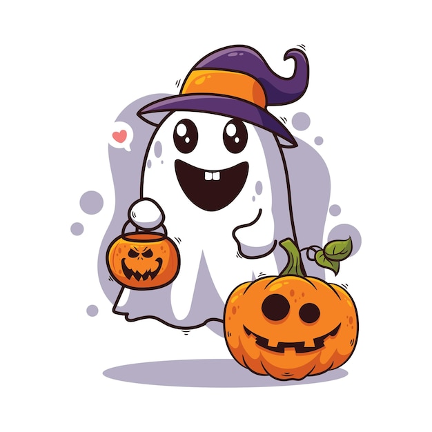 Fantasma de Halloween con calabaza y sombrero de bruja Ilustración vectorial de dibujos animados