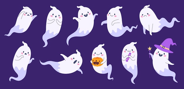 Fantasma de halloween fantasma lindo emoji muerte divertida cara dibujos animados poltergeist en traje de tela feliz halloween fantasmal monstruo niño espíritu carácter ingenioso vector ilustración