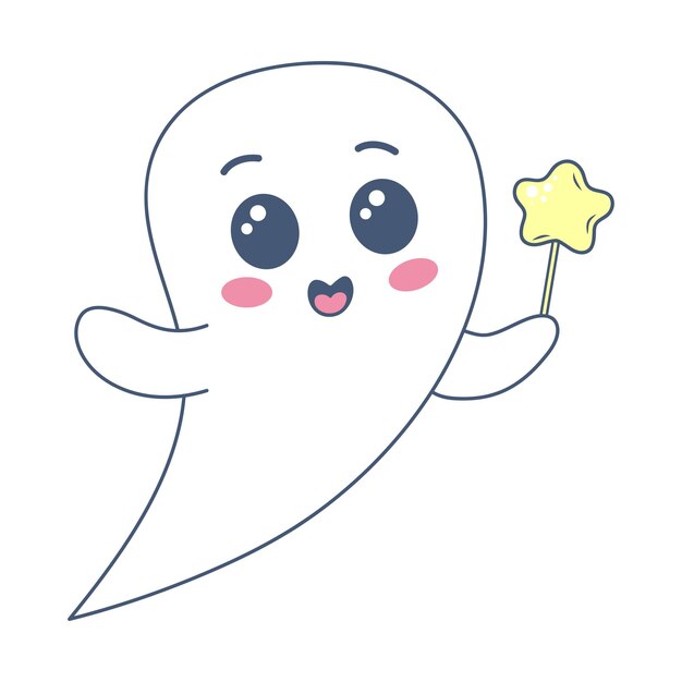 Fantasma de Halloween en el lindo estilo kawaii Espíritu gracioso con estrella en el palo aislado en fondo blanco