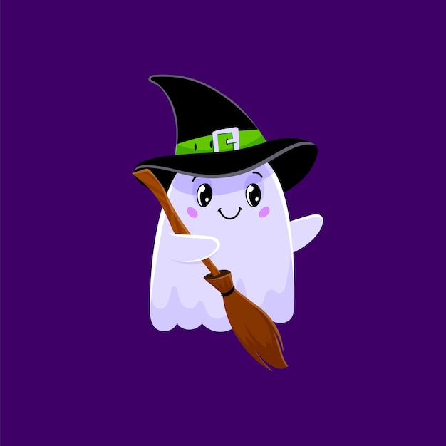 Fantasma de Halloween o lindo personaje de bruja kawaii boo para dibujos animados vectoriales de vacaciones monstruo divertido Fantasma de la noche de terror de Halloween con sombrero de bruja con escoba o escoba espeluznante lindo fantasma poltergeist