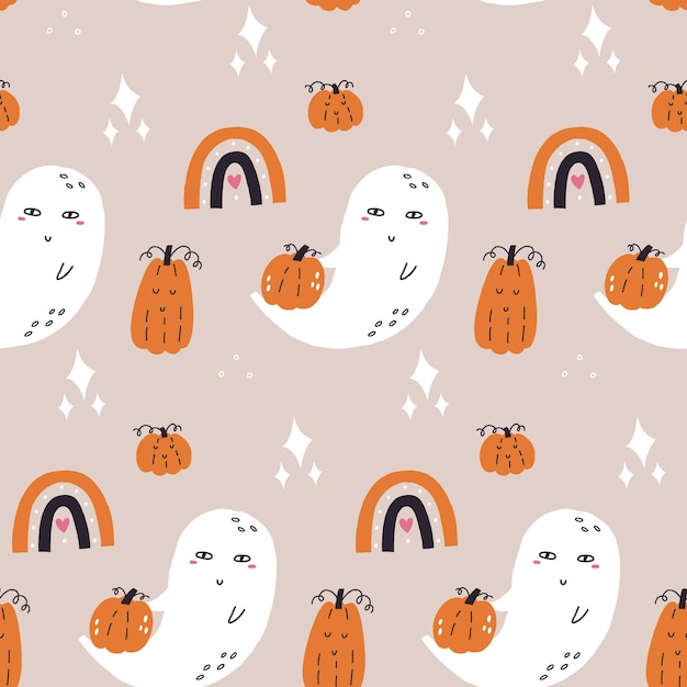 Fantasma de halloween de patrones sin fisuras con calabaza en estilo dibujado a mano fondo de Halloween