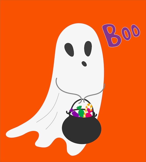 Fantasma lindo con dulces de Halloween Ilustración de vector de miedo Decoración festiva lindo espíritu de halloween