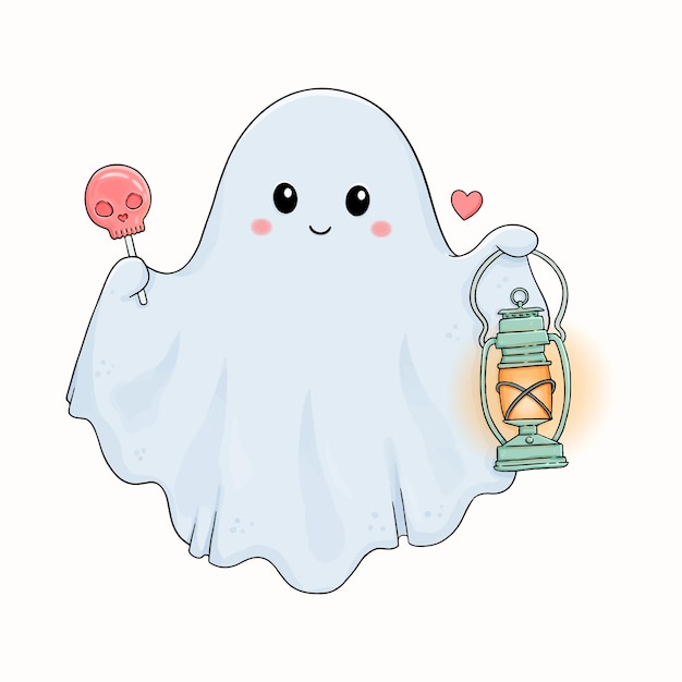 Vector fantasma lindo de halloween con scull lollipop y linterna vector ilustración