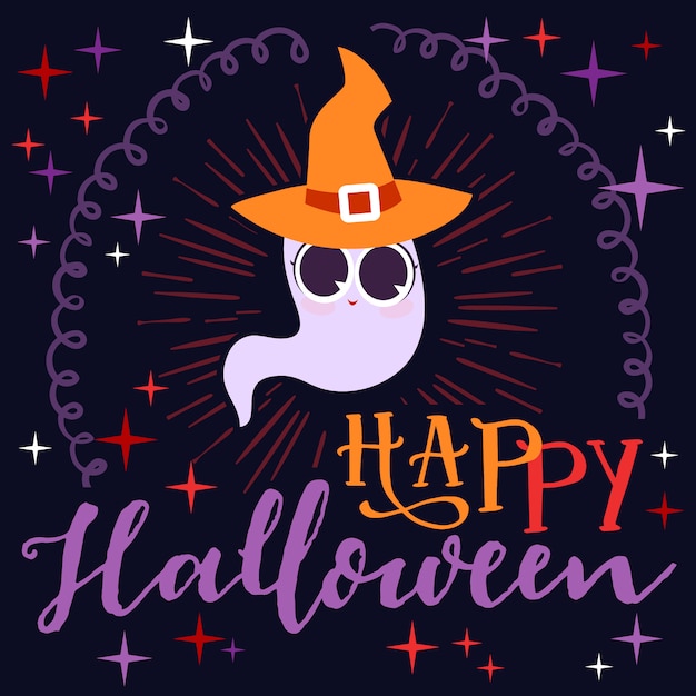 Vector fantasma lindo de halloween con tarjeta de felicitación del sombrero