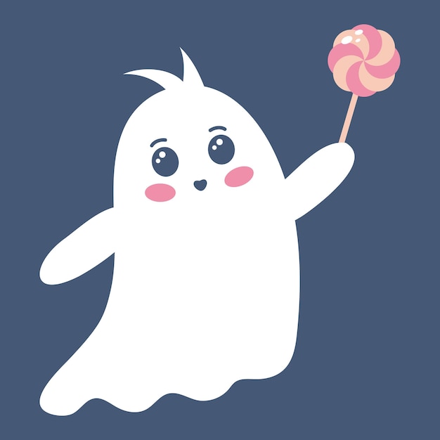 Fantasma lindo con piruleta Espeluznante personaje gracioso de Halloween Vector ilustración plana dibujada a mano