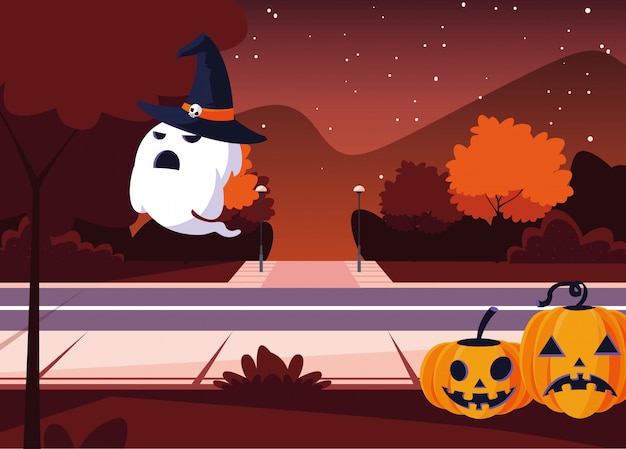 Vector fantasma con luna en escena de halloween