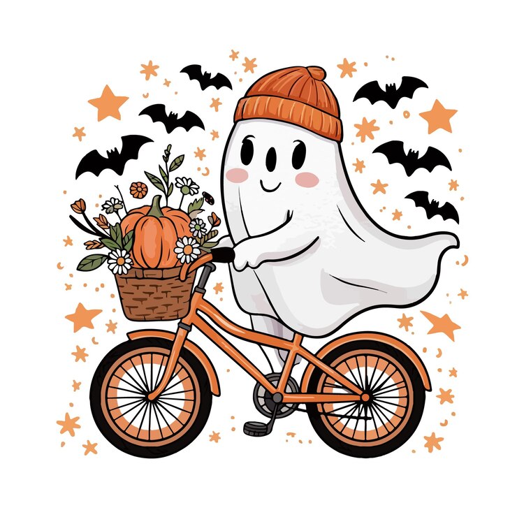 un fantasma monta una bicicleta con calabazas y flores