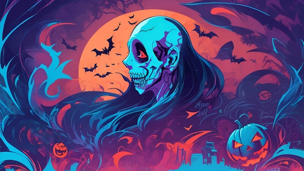 Fantasma con murciélagos ilustrado Fondo vibrante de Halloween