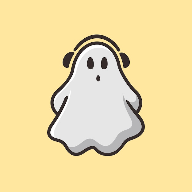 Fantasma con personaje de dibujos animados de auriculares, estilo de diseño plano