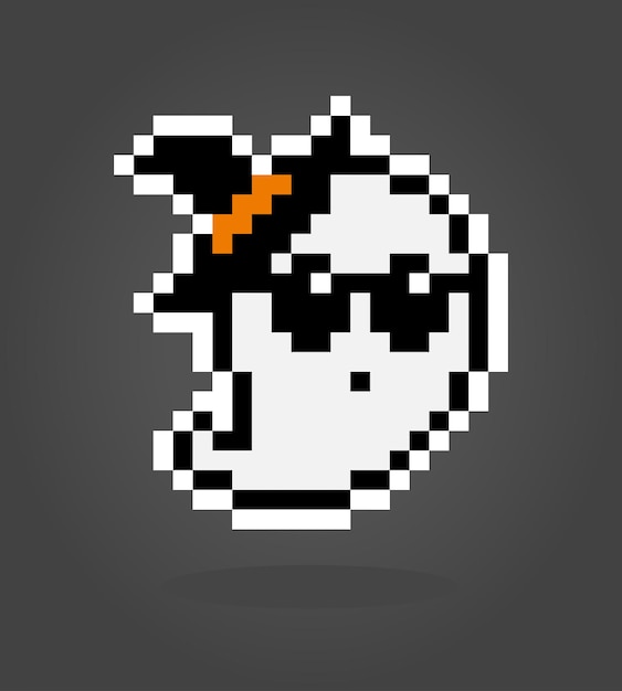 Fantasma de píxel de 8 bits con sombrero de mago Lindo fantasma volador en ilustración vectorial