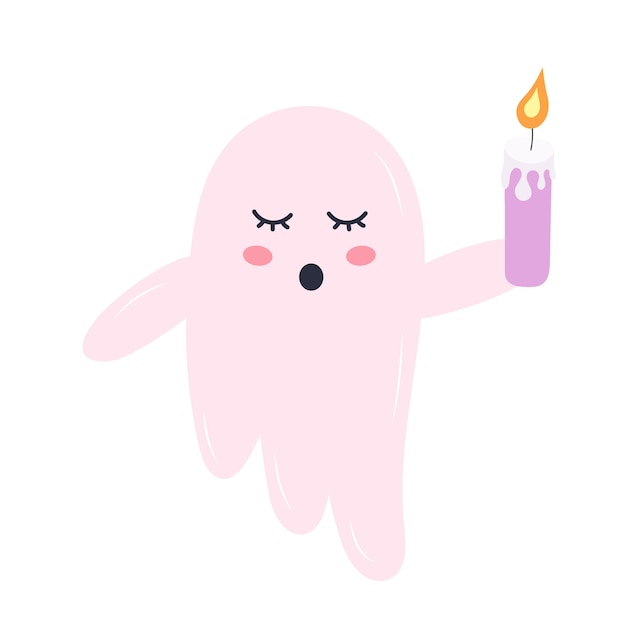 Fantasma rosa lindo con una vela personaje de miedo divertido de halloween aislado sobre fondo blanco
