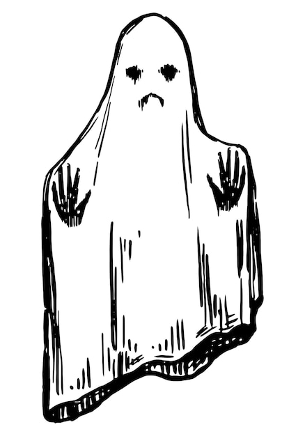 Fantasma triste espeluznante fantasma monstruo garabato Halloween dibujado a mano ilustración vectorial en estilo retro Dibujo de tinta de tema oscuro aislado en blanco