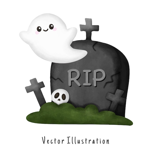 Fantasma con la tumba ilustración de acuarela vectorial de halloween