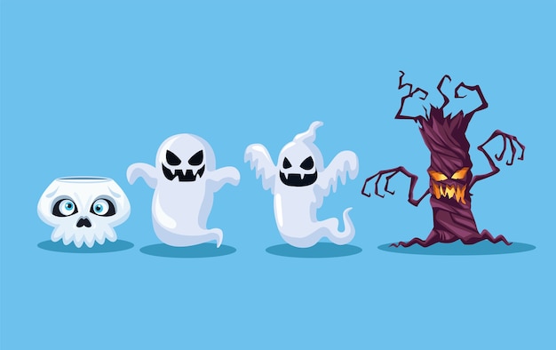 Vector fantasmas de calavera de halloween y diseño de dibujos animados de árboles, tema de vacaciones y miedo