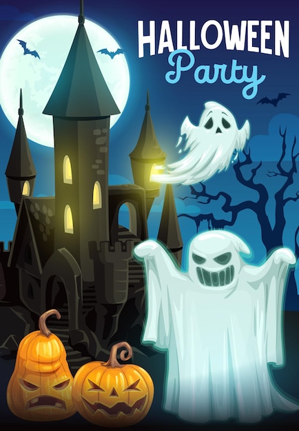 Vector fantasmas de halloween con calabazas y casa embrujada