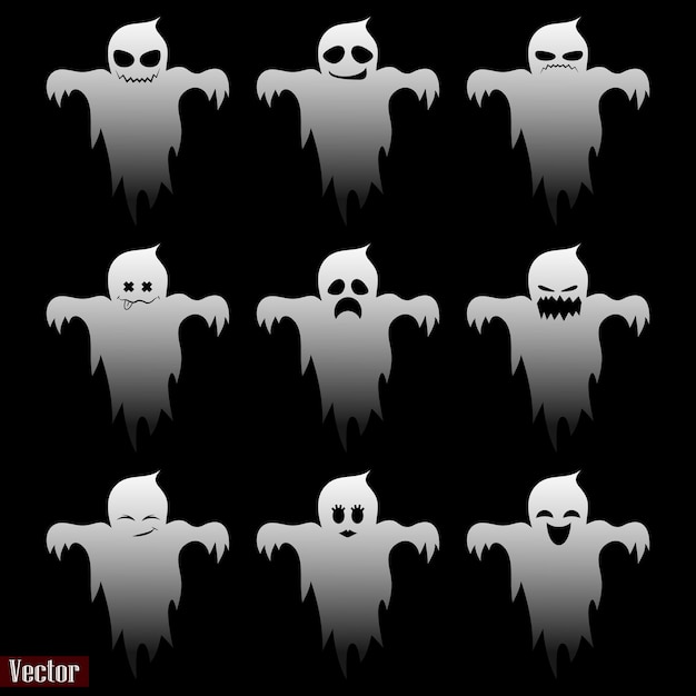 Fantasmas para halloween. un conjunto de nueve emociones de fantasmas. sobre un fondo negro. imagen vectorial.