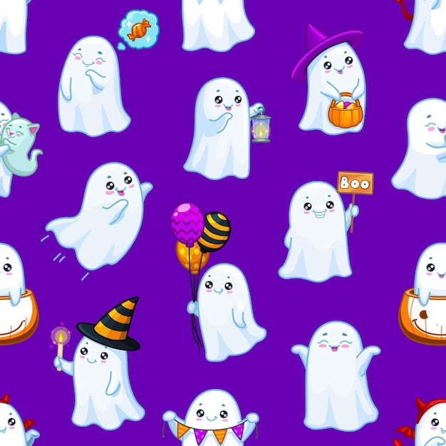 Fantasmas de halloween kawaii de patrones sin fisuras con divertidos fantasmas de bebé usan sombrero de bruja a rayas sosteniendo globos boo banner cubo de calabaza con dulces y guirnalda de bandera vector fondo de azulejo de vacaciones