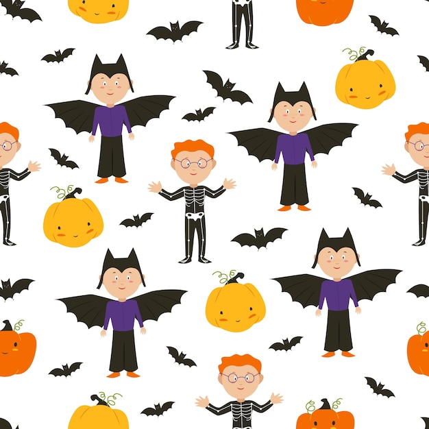 Fantasmas de halloween niños en disfraces de halloween ilustración vector patrón sin costuras