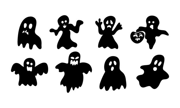 Fantasmas de miedo en estilo doodle sobre un fondo blanco.