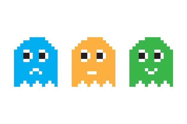 Fantasmas de píxeles de color Vector personajes de 8 bits Sprites de emoción de juego Azul naranja verde