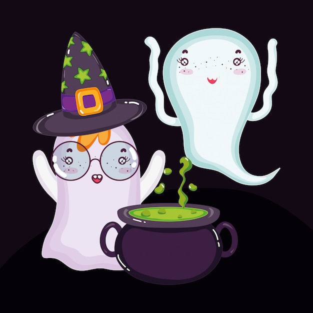 Fantasmas con sombrero y caldero halloween