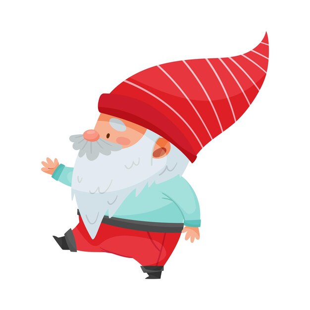 Vector fantastic gnome character con barba blanca y sombrero de punta roja ilustración vectorial de caminata