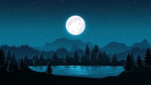 Fantástica noche en un bosque de pinos con luna y estrellas ilustración de paisaje de montaña con lago