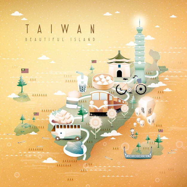 Fantásticas atracciones y platos de Taiwán mapa de viaje estilo isométrico