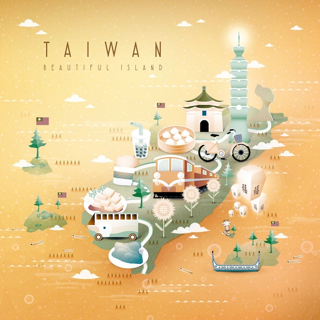 Fantásticas atracciones y platos de taiwán mapa de viaje estilo isométrico