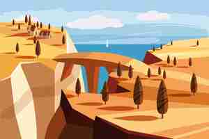 Vector fantástico paisaje de montaña. puente, pueblo de montaña, el golfo, árboles, océano, mar, estilo de dibujos animados, ilustración vectorial