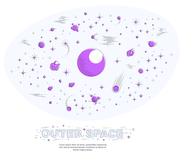 Vector fantásticos planetas en galaxias desconocidas con estrellas, cometas, asteroides y otros elementos. explora el universo, la ciencia espacial impresionante. ilustración de vector 3d de línea delgada aislada en blanco.