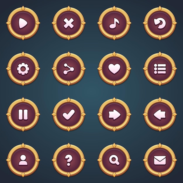 Fantasy brown ui conjunto de botones en estilo de dibujos animados gui para construir juegos 2d kit de botones casuales de dibuyos animados