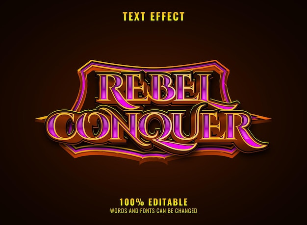 Fantasy golden violet rebel conquer medieval rpg game logo efecto de texto con borde de marco