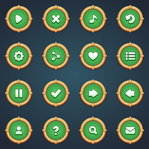 Fantasy green ui conjunto de botones en estilo de dibujos animados gui para construir juegos 2d kit de botones casuales de dibuyos animados
