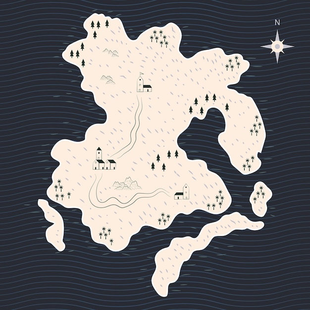 Vector fantasy islas carreteras marítimas y mapa de la ciudad ilustración plana