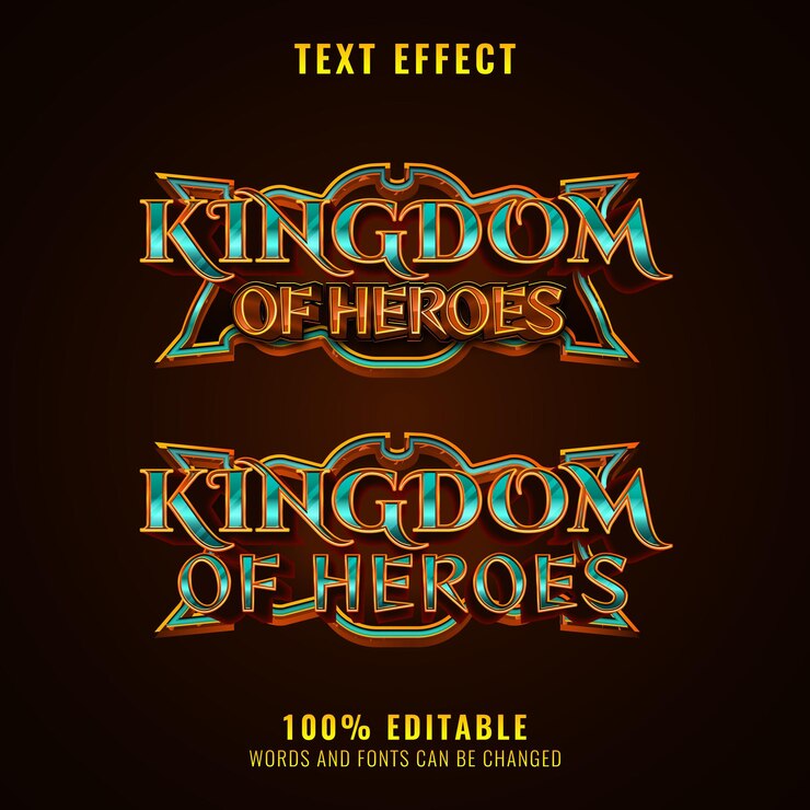 Vector fantasy kingdom of heroes rpg medieval juego logo título efecto de texto con marco