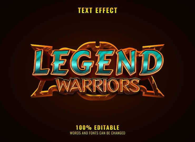Vector fantasy legend warriors rpg medieval game logo título efecto de texto con marco