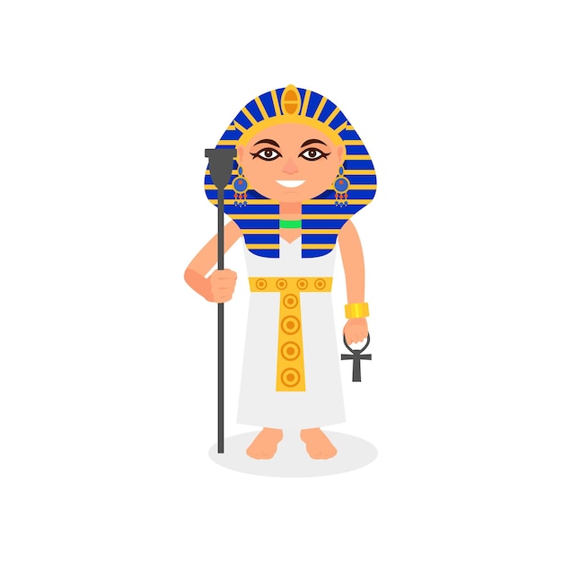 Faraón femenino con cetro y cruz ankh en las manos mujer sonriente en traje tradicional egipcio gobernante del antiguo egipto vector plano