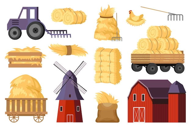 Fardos de heno en la granja mega conjunto de elementos en diseño plano paquete de carretillas de molino de viento de granero de tractor y paja de caja en rollos montones y pilas de heno vector ilustración objetos gráficos aislados