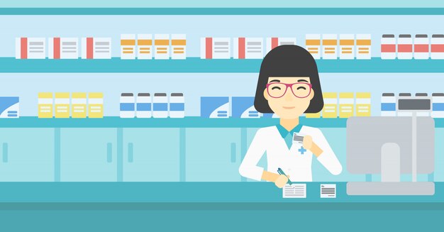 Farmacéutico escribiendo prescripción.