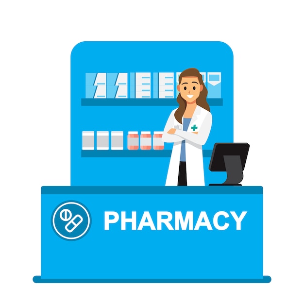 Vector farmacéutico, farmacia, farmacéuticos están listos para dar consejos sobre el uso de drogas.