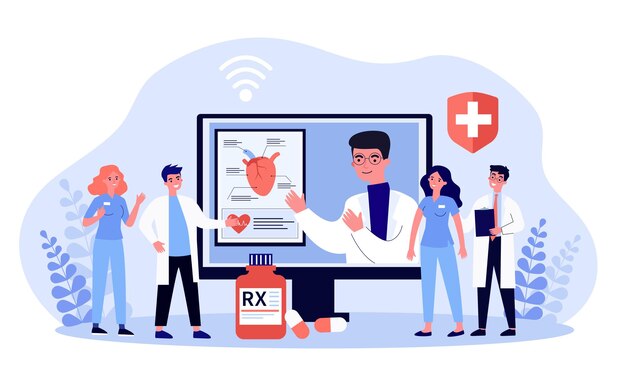Farmacéutico presentando nuevas píldoras en línea
