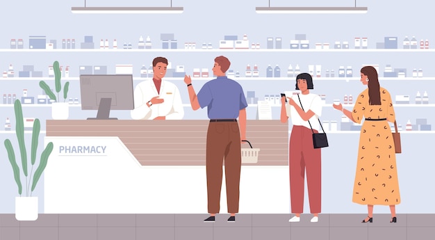 Farmacéutico que ayuda a los clientes a elegir medicamentos en la farmacia. gente en el mostrador de la farmacia, comprando medicamentos y consultando con el farmacéutico. ilustración de vector plano coloreado del servicio farmacéutico.