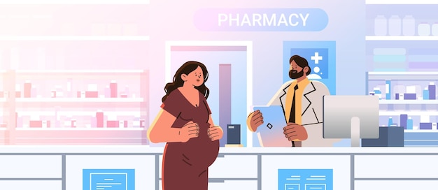 Farmacéutico vendiendo medicamentos a una mujer embarazada futura madre en una farmacia embarazo maternidad expectativa concepto ilustración vectorial horizontal