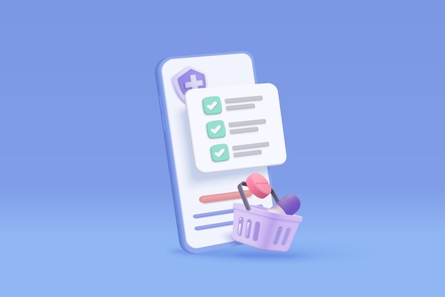 Farmacia 3d con botiquín de primeros auxilios y equipo médico Lista de verificación de pedidos de medicamentos con teléfono móvil y concepto de bolsa de compras de salud Farmacia 3d e icono de comercio electrónico ilustración de representación vectorial